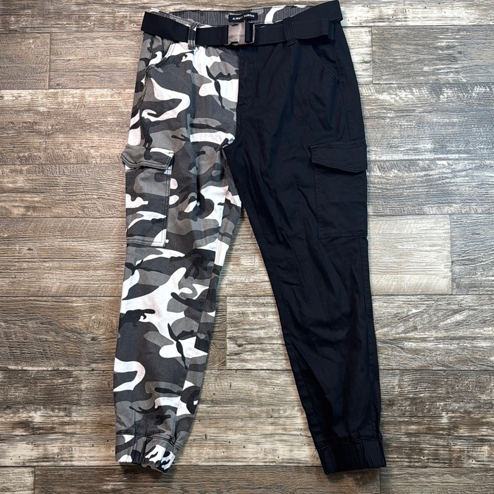 Almost Famous Gray, White and Black Cargo Pants, Large “UNISEX”